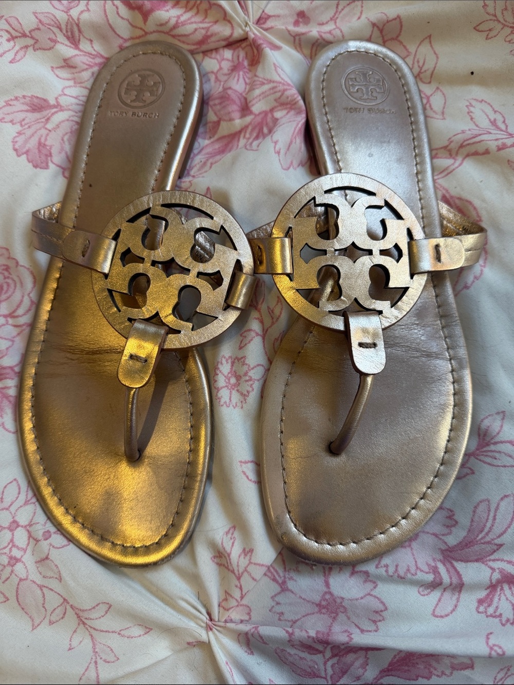 Tory Burch Gold Cutout Logo Thong Sandals